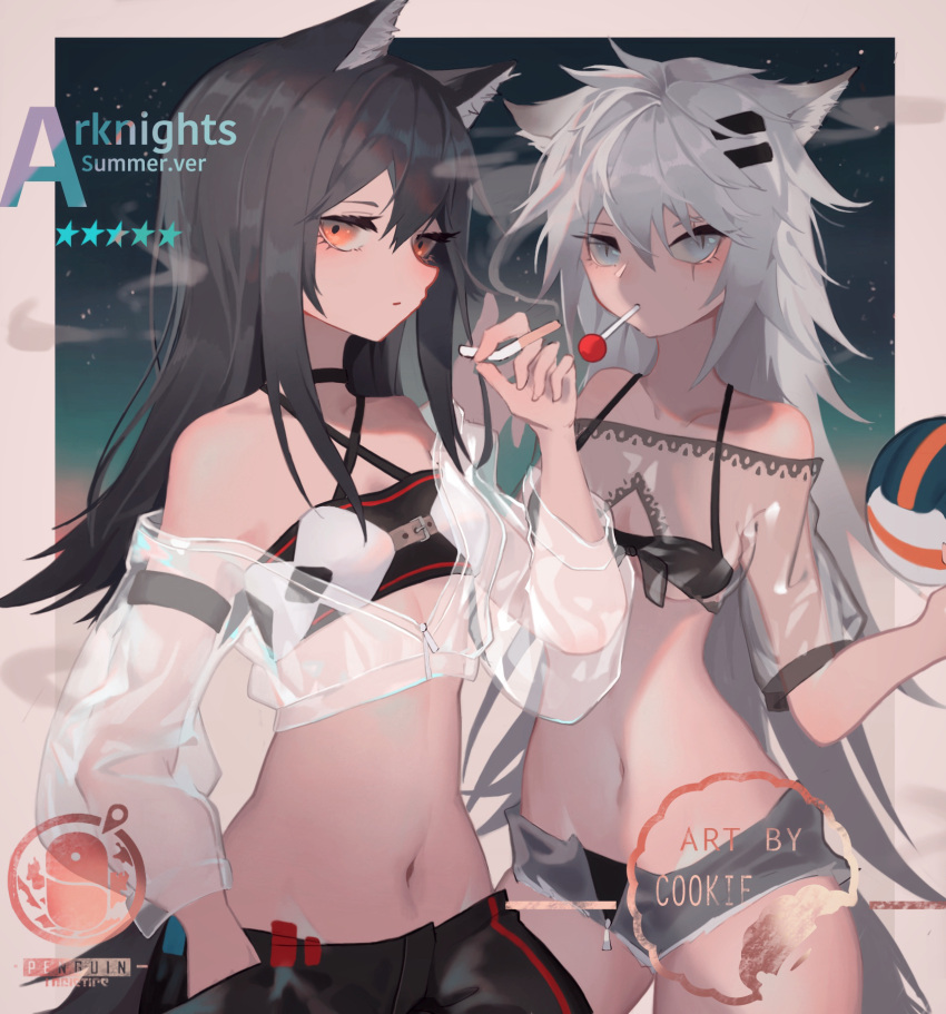 2girls animal_ears arknights arm_strap artist_name bandeau beige_border black_bandeau black_choker black_hair black_shorts blue_eyes breasts candy chinese_commentary choker cigarette closed_mouth collarbone commentary_request cookie_(ppyf5328) copyright_name cowboy_shot criss-cross_halter english_text food hair_ornament hairclip halterneck hand_in_pocket hand_up hands_up highres holding holding_cigarette lappland_(arknights) linea_alba lollipop long_hair looking_at_viewer multiple_girls navel orange_eyes penguin_logistics_logo scar scar_across_eye see-through_jacket see-through_shirt short_shorts shorts silver_hair slit_pupils small_breasts smoke smoking spaghetti_strap star_(symbol) texas_(arknights) wolf_ears