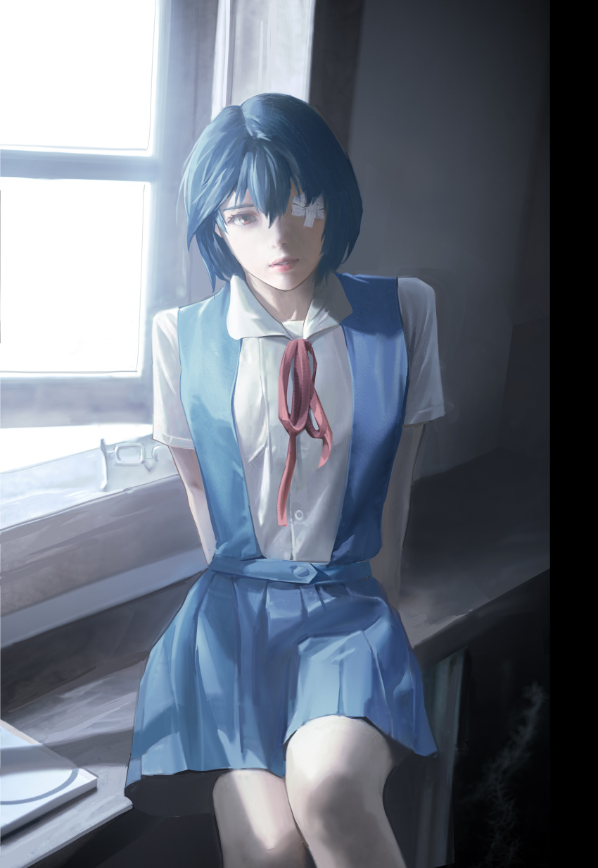 1girl absurdres ayanami_rei bandage_over_one_eye bangs blue_hair blue_skirt butter_squid collared_shirt dress_shirt glasses highres huge_filesize looking_at_viewer neon_genesis_evangelion on_ground pleated_skirt rebuild_of_evangelion red_neckwear school_uniform shirt short_hair short_sleeves skirt white_shirt window