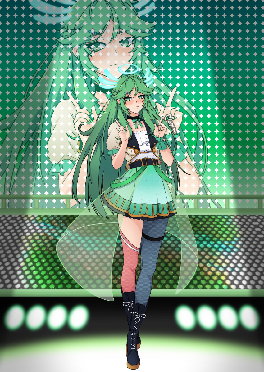 1girl absurdres bangs blush bow breasts full_body gloves green_eyes green_hair hair_ornament hat highres idol idol_clothes jewelry kid_icarus large_breasts long_hair looking_at_viewer megumo microphone palutena skirt smile solo super_smash_bros. thigh-highs v very_long_hair white_gloves