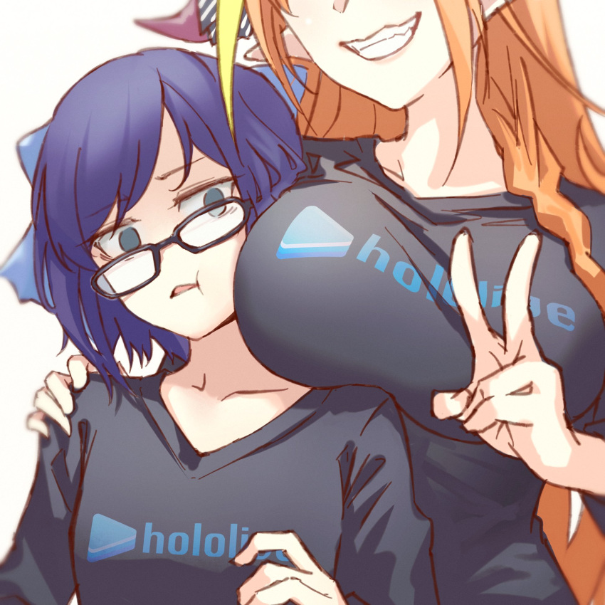 2girls a-chan_(hololive) bangs black-framed_eyewear black_shirt blonde_hair blue_bow blue_eyes blue_hair bow braid breast_press breasts collarbone dragon_girl dragon_horns english_commentary eyebrows_visible_through_hair glasses hair_bow hand_on_another's_shoulder head_out_of_frame highres hololive horn_bow horns kiryu_coco large_breasts logo long_hair long_sleeves looking_at_another mr.holmes multicolored_hair multiple_girls orange_hair pointy_ears shirt short_hair side_braid small_breasts smile swept_bangs v virtual_youtuber