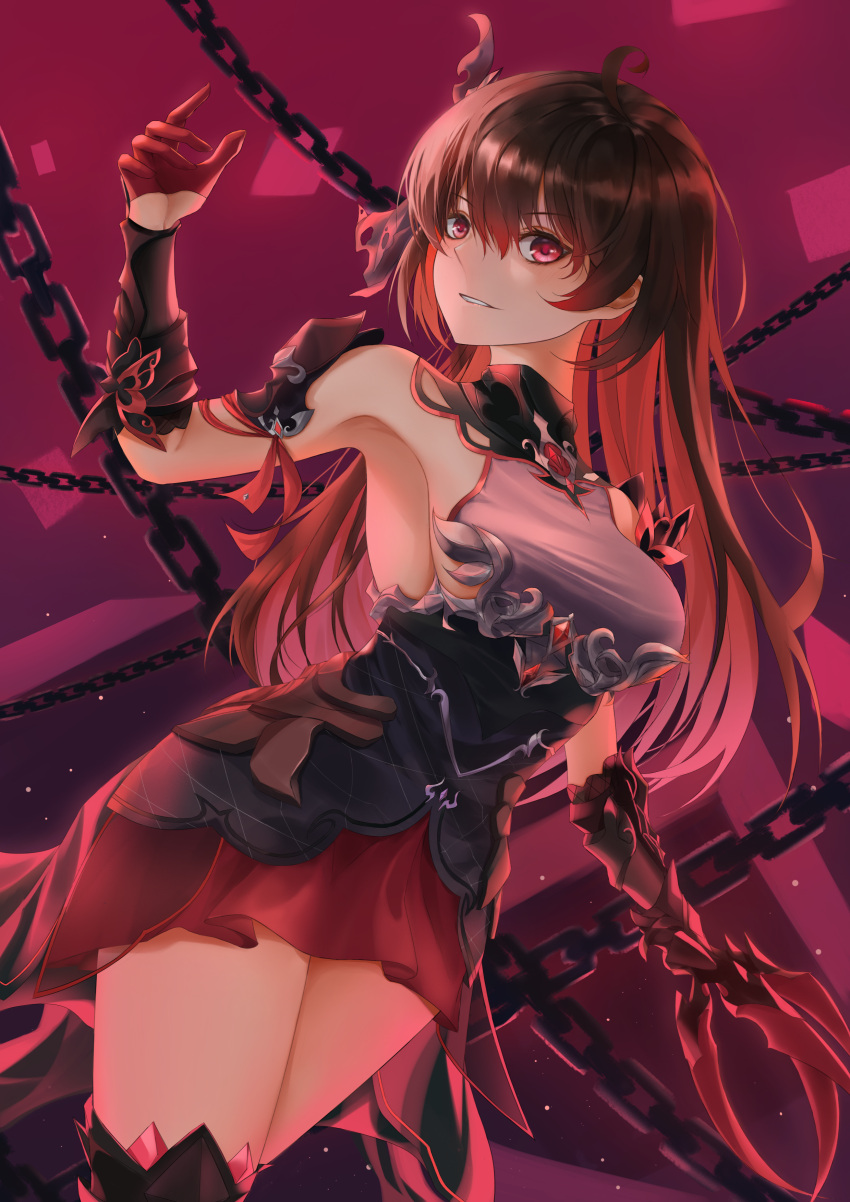 1girl absurdres antenna_hair armpits bangs bare_shoulders breasts chain claws evil_grin evil_smile gloves grin hair_between_eyes highres honkai_(series) honkai_impact_3rd long_hair looking_at_viewer red_eyes red_gloves redhead seele_(alter_ego) seele_vollerei seele_vollerei_(starchasm_nyx) sideboob single_glove smile turbulence