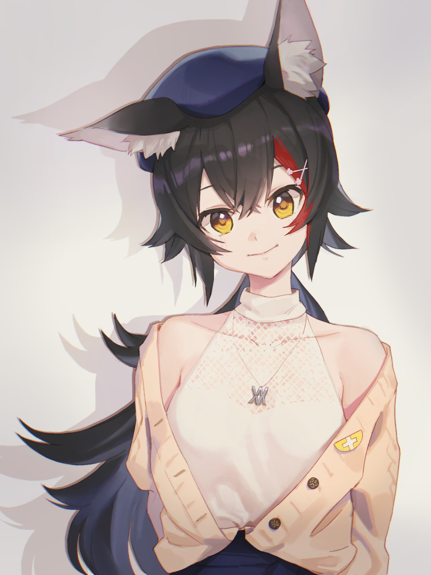 1girl animal_ear_fluff animal_ears bangs beret black_hair blue_headwear brown_eyes brown_jacket closed_mouth collarbone commentary_request covered_collarbone drop_shadow eyebrows_behind_hair grey_background hair_between_eyes hair_ornament hairclip hat head_tilt highres hololive jacket long_hair looking_at_viewer low_ponytail multicolored_hair off_shoulder ookami_mio open_clothes open_jacket ponytail redhead see-through shirt sleeveless sleeveless_shirt smile solo streaked_hair tugo upper_body very_long_hair virtual_youtuber white_shirt wolf_ears x_hair_ornament