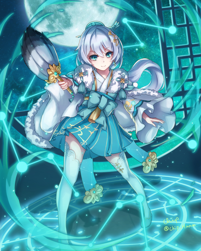 1girl bangs blue_eyes chinese_clothes closed_mouth fan full_body hair_between_eyes hair_ornament highres holding honkai_(series) honkai_impact_3rd liger3009 looking_at_viewer night night_sky sky smile solo star_(sky) theresa_apocalypse theresa_apocalypse_(starlit_astrologos) white_hair window zhuge_kongming_(honkai_impact)