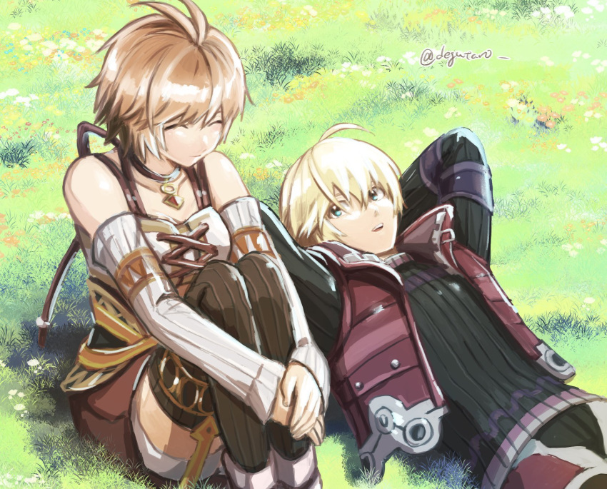 1boy 1girl armor blonde_hair blue_eyes blush breasts detached_sleeves fiora_(xenoblade) gloves highres ikki_(degutaro_) jewelry medium_breasts midriff miniskirt short_hair shulk_(xenoblade) simple_background skirt smile thigh-highs vest xenoblade_chronicles xenoblade_chronicles_(series)