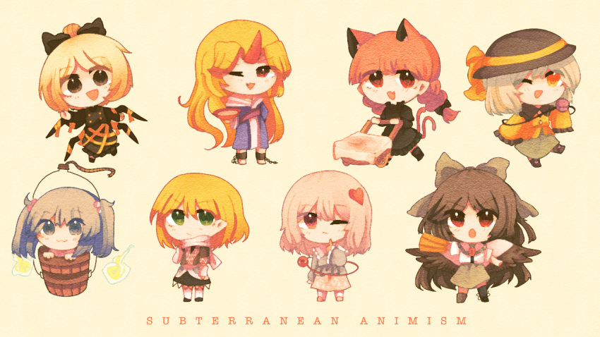 6+girls ai_chan animal_ears arm_cannon arm_warmers arthropod_legs bangs bird_wings black_bow black_dress black_footwear black_hair black_headwear black_legwear black_shirt black_skirt black_wings blonde_hair blouse blue_blouse blue_kimono blush bow braid brown_eyes brown_jacket bucket buttons cape cat_ears cat_tail chain chibi closed_mouth collared_blouse collared_shirt commentary copyright_name cuffs cup dress english_commentary extra_ears extra_legs eyeball eyebrows_visible_through_hair eyes_visible_through_hair frilled_dress frilled_shirt_collar frills full_body green_bow green_dress green_eyes green_hair green_skirt hair_between_eyes hair_bobbles hair_bow hair_ornament hat hat_ribbon heart horns hoshiguma_yuugi hoshiguma_yuugi_(promo) in_bucket in_container jacket japanese_clothes juliet_sleeves kaenbyou_rin kimono kneehighs komeiji_koishi komeiji_satori kurodani_yamame layered_clothing long_hair long_sleeves looking_at_viewer medium_hair mismatched_footwear mizuhashi_parsee multicolored multicolored_clothes multicolored_jacket multiple_girls multiple_tails nekomata one_eye_closed open_mouth orange_eyes pink_hair pink_skirt pointy_ears ponytail puffy_sleeves red_eyes redhead reiuji_utsuho ribbon sakazuki sash scarf shackles shirt shoes short_hair short_sleeves silver_hair simple_background single_horn single_shoe skirt sleeves_past_wrists smile subterranean_animism tail third_eye touhou twin_braids two_side_up very_long_hair weapon wheelbarrow white_blouse white_cape white_sash white_scarf wide_sleeves wings yellow_ribbon yellow_shirt