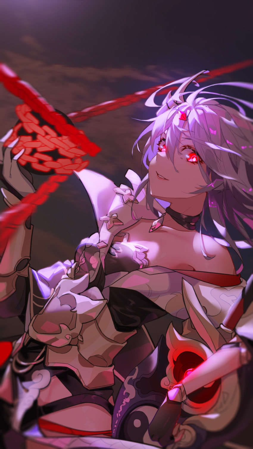 1girl bangs black_gloves chain clouds cloudy_sky evil_grin evil_smile fingerless_gloves fu_hua fu_hua_(herrscher_of_sentience) gloves grin hair_between_eyes hair_ornament highres holding honkai_(series) honkai_impact_3rd july_no_dark_chocolate long_hair looking_at_viewer mismatched_gloves sky smile solo sword teeth uneven_gloves uneven_sleeves weapon