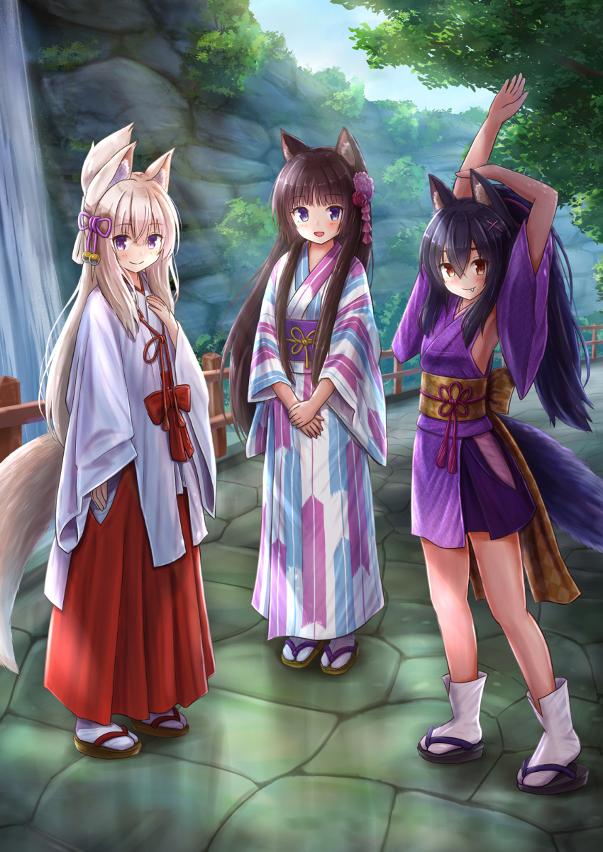 3girls :d animal_ears armpits arms_up bangs black_footwear black_hair blue_eyes blush brown_eyes brown_footwear brown_hair cat_ears closed_mouth commentary_request day detached_sleeves eyebrows_visible_through_hair fang fang_out folded_ponytail fox_ears fox_girl fox_tail hair_between_eyes hakama hands_together highres iroha_(iroha_matsurika) japanese_clothes kimono koyoi_(iroha_(iroha_matsurika)) kunoichi-chan_(iroha_(iroha_matsurika)) light_brown_hair long_hair long_sleeves miko multiple_girls mutsuki_(iroha_(iroha_matsurika)) obi open_mouth original outdoors own_hands_together purple_kimono purple_sleeves railing red_hakama sash short_sleeves sleeveless sleeveless_kimono smile socks standing tabi tail very_long_hair violet_eyes water waterfall white_kimono white_legwear wide_sleeves wolf_ears wolf_girl wolf_tail yagasuri yukata zouri