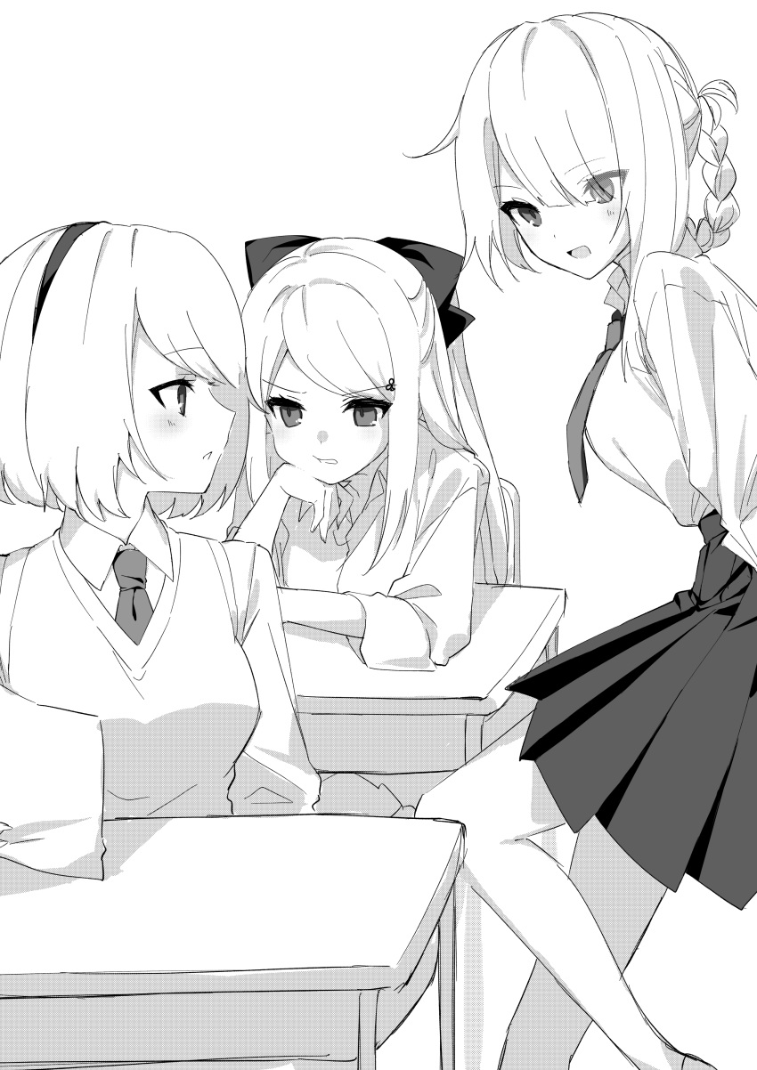 3girls absurdres asymmetrical_hair bow braid desk drag-on_dragoon drag-on_dragoon_3 eyebrows_visible_through_hair eyes_visible_through_hair greyscale hair_bow hair_ornament hairband highres kaine_(nier) mochizuki_mochi monochrome multiple_girls necktie nier nier_(series) nier_automata ribbon school_desk school_uniform single_braid skirt vest white_background yorha_no._2_type_b zero_(drag-on_dragoon)