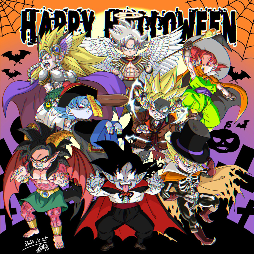 6+boys cape child colored_skin demon_boy dougi dragon_ball dragon_ball_(classic) fantasy ghost graveyard halloween_costume halo happy_halloween hat highres hitodama holding holding_staff jack-o'-lantern looking_at_viewer male_child male_focus mamo_(t2006rs) multiple_boys muscular muscular_child red_eyes silk son_goku spider_web staff super_saiyan tongue tongue_out top_hat vampire witch_hat