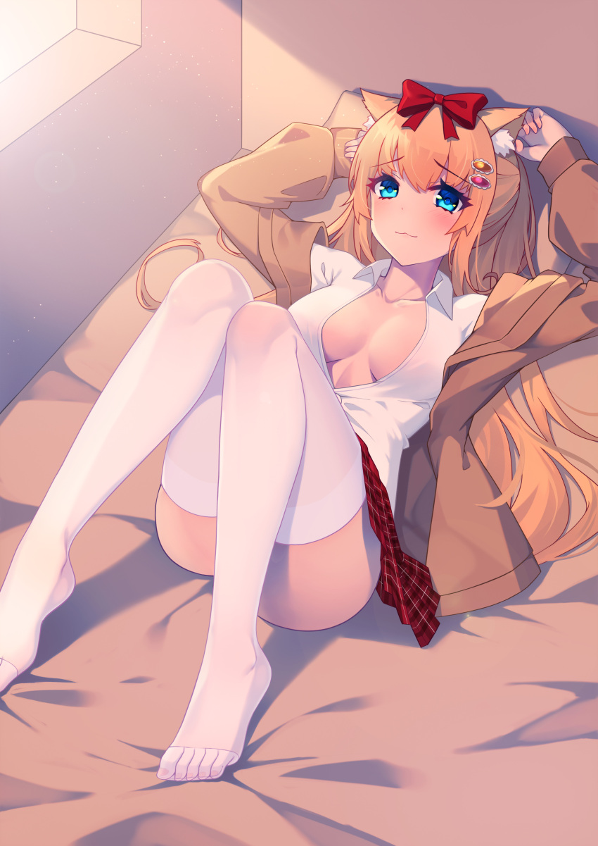 1girl :3 absurdres animal_ears arms_up ass blazer blonde_hair blue_eyes blush bow breasts breasts_apart cat_ears closed_mouth collarbone collared_shirt eyebrows_visible_through_hair hair_bow heiyizhushenxia highres indoors jacket knees_up long_hair looking_at_viewer lying medium_breasts no_bra on_back on_bed open_clothes open_shirt original partially_unbuttoned plaid plaid_skirt pleated_skirt shirt skirt smile solo thigh-highs thighs toes white_legwear wing_collar zettai_ryouiki