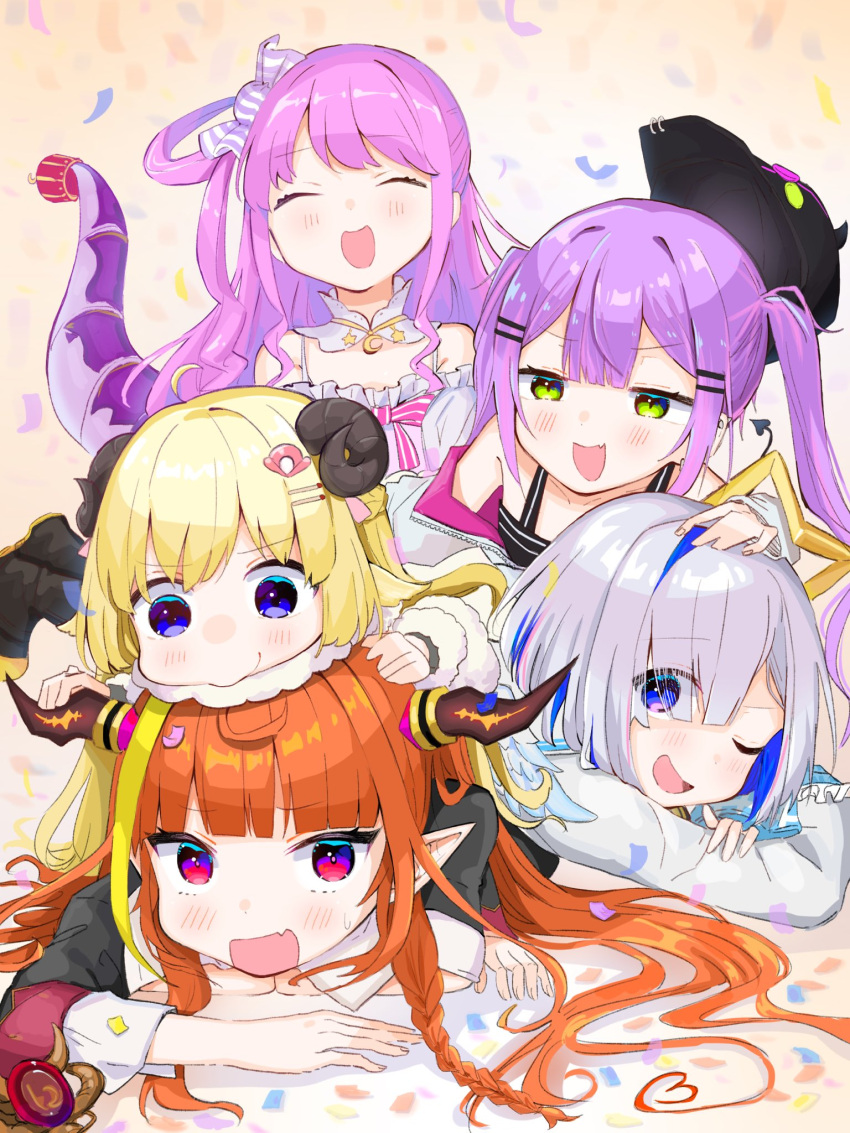 5girls ahoge amane_kanata angel_wings animal_ears asymmetrical_bangs bangs baseball_cap black_headwear black_shirt black_tank_top blonde_hair blue_eyes blue_hair blue_wings blunt_bangs blush bow braid breasts candy_hair_ornament colored_inner_hair commentary_request confetti crown curled_horns demon_girl demon_tail diagonal-striped_bow dragon_girl dragon_horns dragon_tail dress ear_piercing eyebrows_visible_through_hair eyes_visible_through_hair fang feathered_wings food-themed_hair_ornament frilled_dress frills fur-trimmed_dress fur_trim gradient gradient_eyes gradient_hair gradient_wings green_eyes hair_bow hair_ornament hair_over_one_eye hairclip halo hand_on_another's_head hat highres himemori_luna hololive horns jacket kirome_toru_2 kiryu_coco long_hair long_sleeves looking_at_another looking_at_viewer looking_to_the_side lying lying_on_person mini_wings multicolored multicolored_eyes multicolored_hair multicolored_wings multiple_girls off_shoulder on_stomach one_eye_closed one_side_up open_mouth orange_hair piercing pink_hair purple_hair red_eyes shadow sheep_ears sheep_girl sheep_horns shiny shiny_hair shirt short_hair side_braid sidelocks silver_hair single_hair_intake skin_fang sleeve_cuffs sleeves_past_wrists smile smug star_halo streaked_hair swept_bangs tail tank_top tokoyami_towa tsunomaki_watame twintails upper_body violet_eyes virtual_youtuber wavy_hair white_jacket white_wings wings