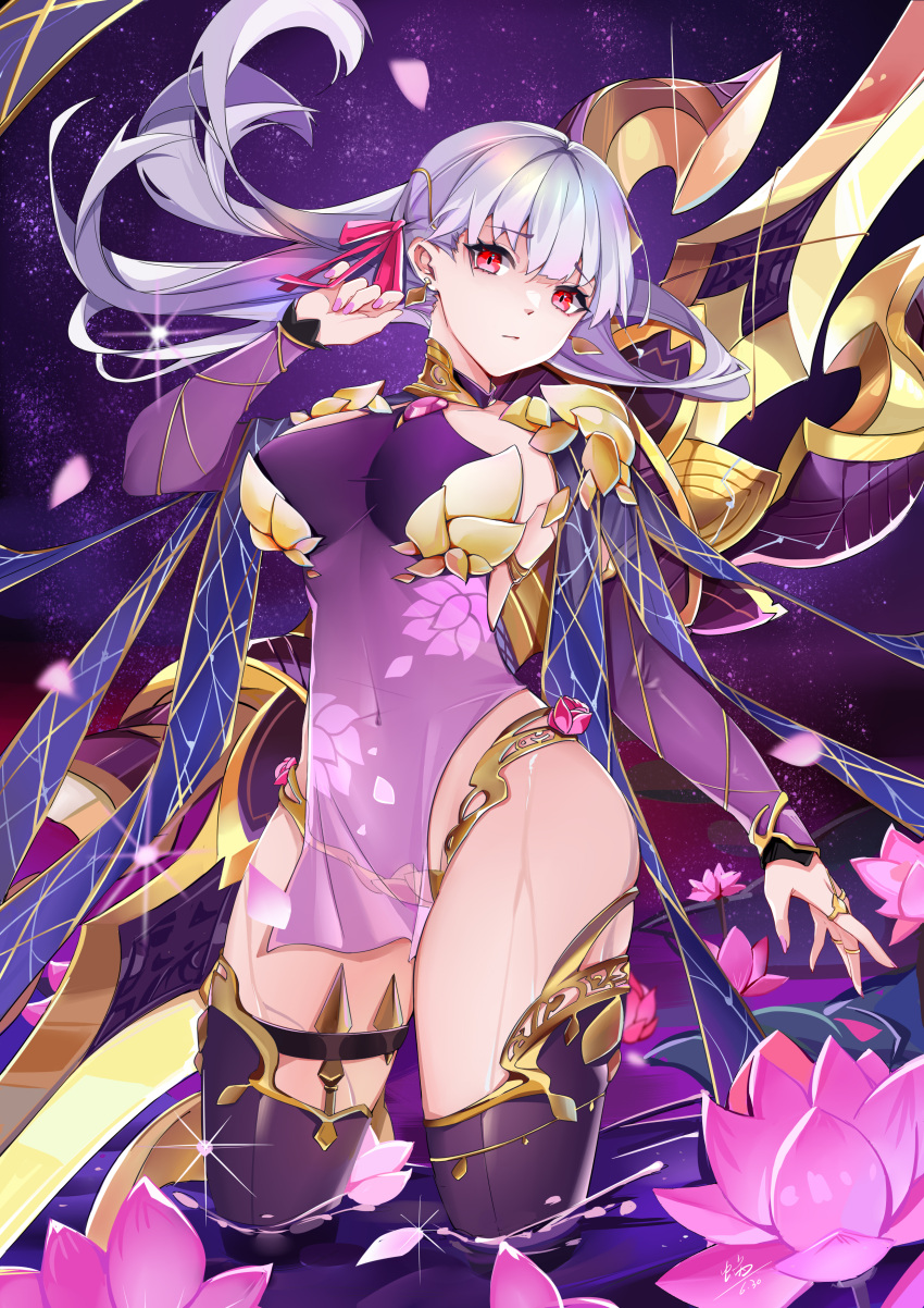1girl absurdres bow breasts collarbone earrings eyebrows_visible_through_hair fate/grand_order fate_(series) hair_bow highres jewelry kama_(fate) large_breasts liuleiwowotou long_hair looking_at_viewer navel pink_bow pink_nails purple_legwear red_eyes revealing_clothes ring sideboob solo thigh-highs white_hair