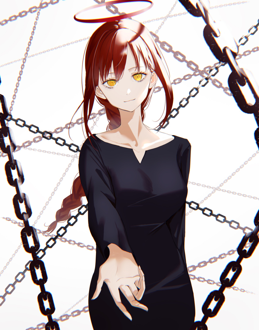 1girl absurdres arm_behind_back bangs black_dress braid braided_ponytail breasts chain chainsaw_man closed_mouth collarbone commentary_request dejio dress halo highres long_hair long_sleeves looking_at_viewer makima_(chainsaw_man) medium_breasts reaching_out redhead ringed_eyes sidelocks simple_background smile solo white_background yellow_eyes