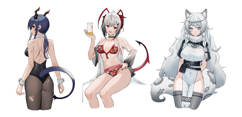 3girls absurdres aer7o ahoge animal_ear_fluff animal_ears arknights arms_behind_back bangs belt black_belt black_capelet black_legwear black_leotard blue_eyes braid breasts capelet ch'en_(arknights) chinese_commentary commentary_request covered_navel cup demon_girl demon_horns demon_tail dragon_girl dragon_horns dragon_tail dress expressionless eyebrows_visible_through_hair from_behind grey_eyes grey_legwear groin highres holding holding_cup horns leopard_ears leopard_girl leopard_tail leotard long_hair long_sleeves looking_at_viewer looking_back medium_breasts multiple_girls nail_polish open_mouth pantyhose parted_lips pelvic_curtain pramanix_(arknights) red_eyes red_nails scar_on_arm scar_on_back see-through shirt short_hair silver_hair simple_background smile tail tail_raised thigh-highs twin_braids very_long_hair w_(arknights) white_background white_dress white_hair wrist_cuffs
