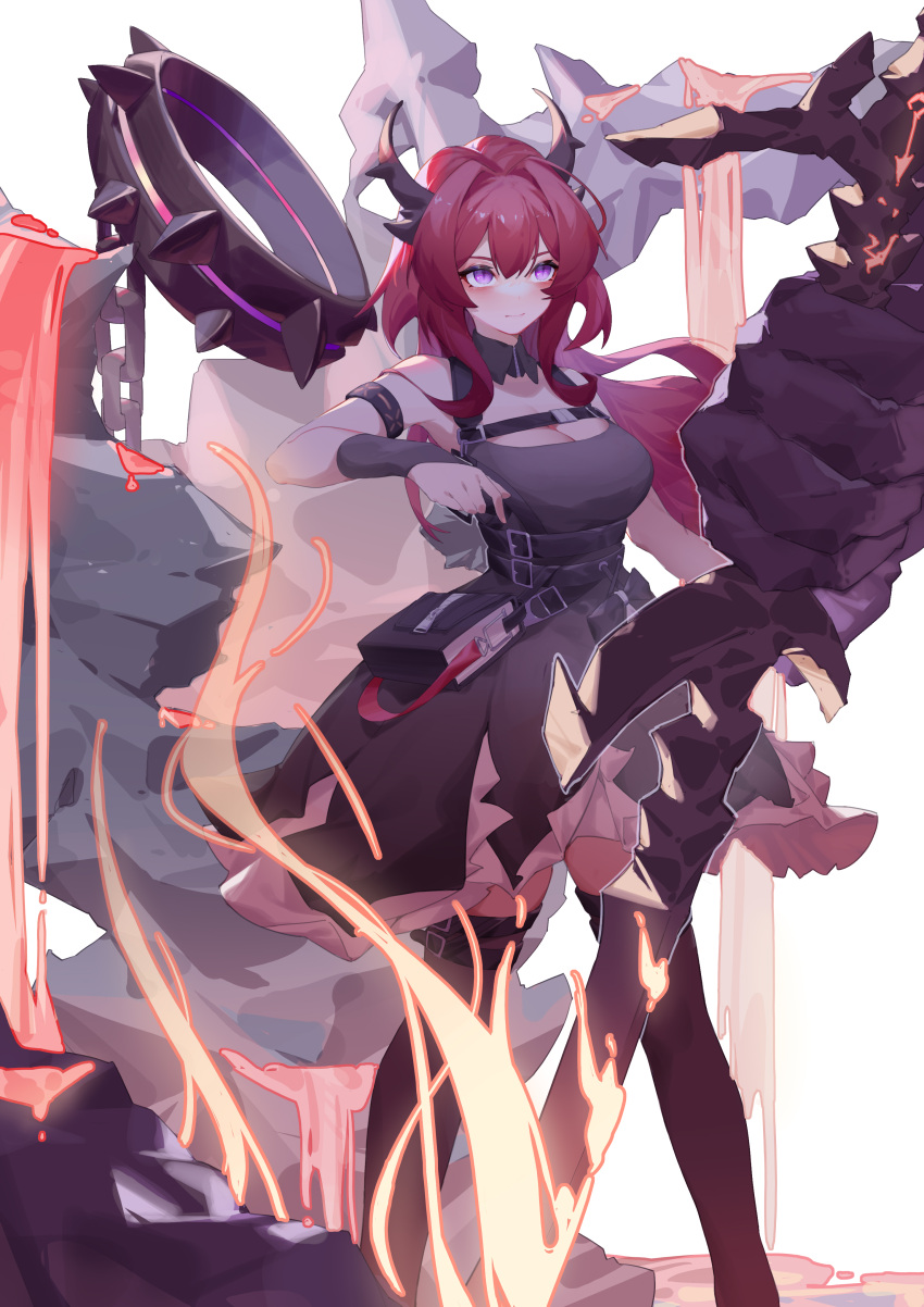 1girl absurdres arknights black_dress chain demon demon_girl demon_horns dress highres holding holding_weapon horns long_hair looking_ahead redhead shui_buzhao_de_chong spiked_armlet surtr_(arknights) sword thigh-highs violet_eyes weapon