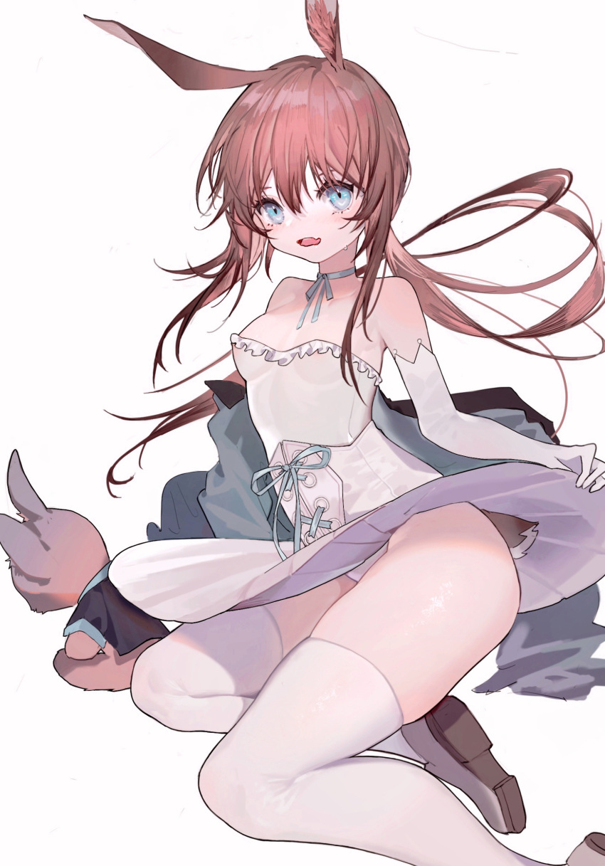 1girl amiya_(arknights) animal_ears arknights bare_shoulders blue_eyes blue_ribbon breasts brown_hair chinese_commentary clothes_lift commentary_request cookie_(ppyf5328) dress elbow_gloves fang floating_hair full_body gloves highres lifted_by_self long_hair looking_at_viewer neck_ribbon open_mouth panties rabbit_ears ribbon shoe_soles shoes simple_background sitting skin_fang skindentation skirt skirt_lift small_breasts solo strapless strapless_dress stuffed_animal stuffed_bunny stuffed_toy sweat thigh-highs thighs underwear upskirt white_background white_dress white_gloves white_legwear white_panties