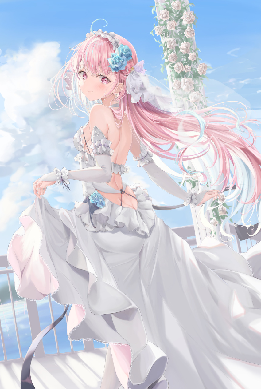 1girl backless_dress backless_outfit colored_inner_hair dress highres hololive long_hair looking looking_at_viewer looking_back mikanagi_yuri minato_aqua multicolored_hair purple_hair solo two-tone_hair violet_eyes virtual_youtuber wedding_dress