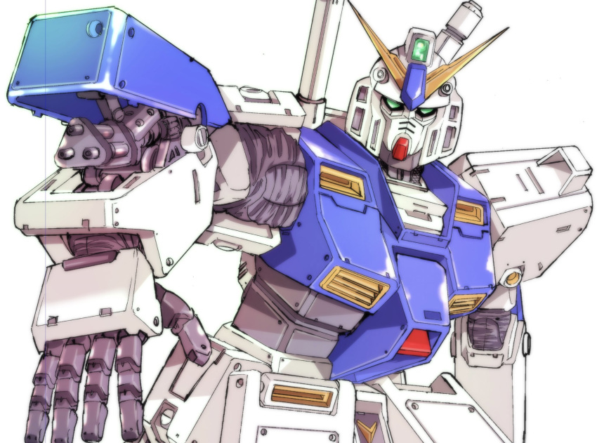 arm_cannon green_eyes gundam gundam_0080 gundam_alex highres looking_at_viewer mecha mobile_suit open_hand solo tamakoshi_horiyuki upper_body v-fin weapon white_background