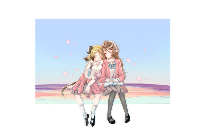 2girls alternate_costume arknights artist_request blonde_hair bow bowtie brown_hair clothes_around_waist demon_girl demon_horns demon_tail eyjafjalla_(arknights) goat_girl goat_horns highres horns ifrit_(arknights) jacket jacket_around_waist multiple_girls necktie school_uniform shoes sleeping socks tail thigh-highs