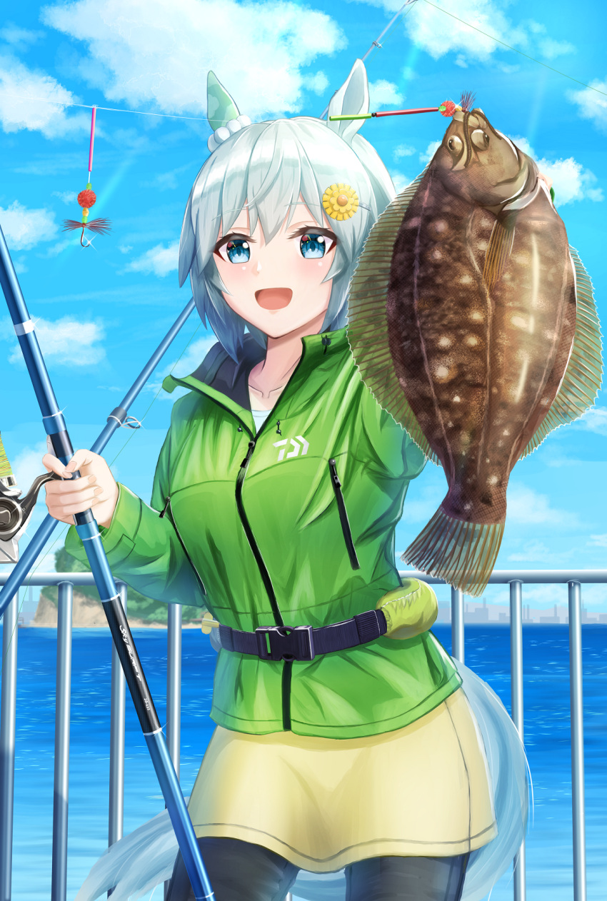 1girl animal animal_ears blue_eyes fish fishing_gear fishing_hook fishing_rod fusou_(fuso0205) hair_ornament hairclip highres holding holding_animal holding_fish horse_ears horse_tail ocean railing seiun_sky_(umamusume) short_hair silver_hair tail umamusume