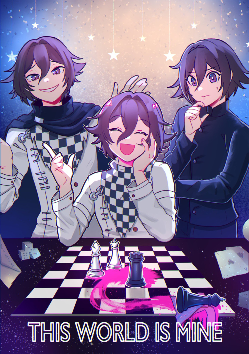 3boys :d bangs bishop_(chess) black_cape black_jacket blood cape card cele_(310v3) checkered checkered_floor checkered_scarf chess_piece commentary dangan_ronpa_(series) dangan_ronpa_v3:_killing_harmony dice english_commentary english_text eyebrows_visible_through_hair facing_viewer grin hair_between_eyes hand_on_own_cheek hand_on_own_face hand_up hands_up highres jacket king_(chess) male_focus multiple_boys multiple_persona official_alternate_costume open_mouth ouma_kokichi pink_blood playing_card purple_hair queen_(chess) rook_(chess) scarf sitting smile sweatdrop thinking violet_eyes