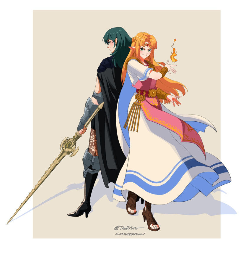 2girls bangs blonde_hair blue_eyes blue_hair breasts byleth_(fire_emblem) byleth_eisner_(female) cape dress fire fire_emblem fire_emblem:_three_houses gown green_eyes hair_ornament highres long_dress long_hair looking_at_viewer medium_hair multiple_girls pantyhose pointy_ears princess_zelda rv_(gvdn7245) rvkingu simple_background smile super_smash_bros. sword_of_the_creator the_legend_of_zelda the_legend_of_zelda:_a_link_between_worlds triforce