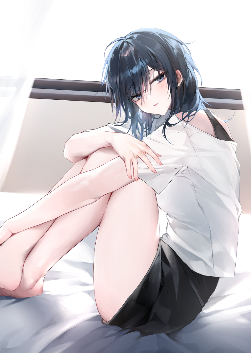 1girl absurdres bangs bara_(03_bara_) bare_legs black_hair blue_eyes blush crossed_legs eyebrows_visible_through_hair from_side highres indoors knees_up looking_at_viewer looking_to_the_side original parted_lips shirt short_hair short_sleeves sitting smile solo thighs white_shirt yokoyama_ishimi