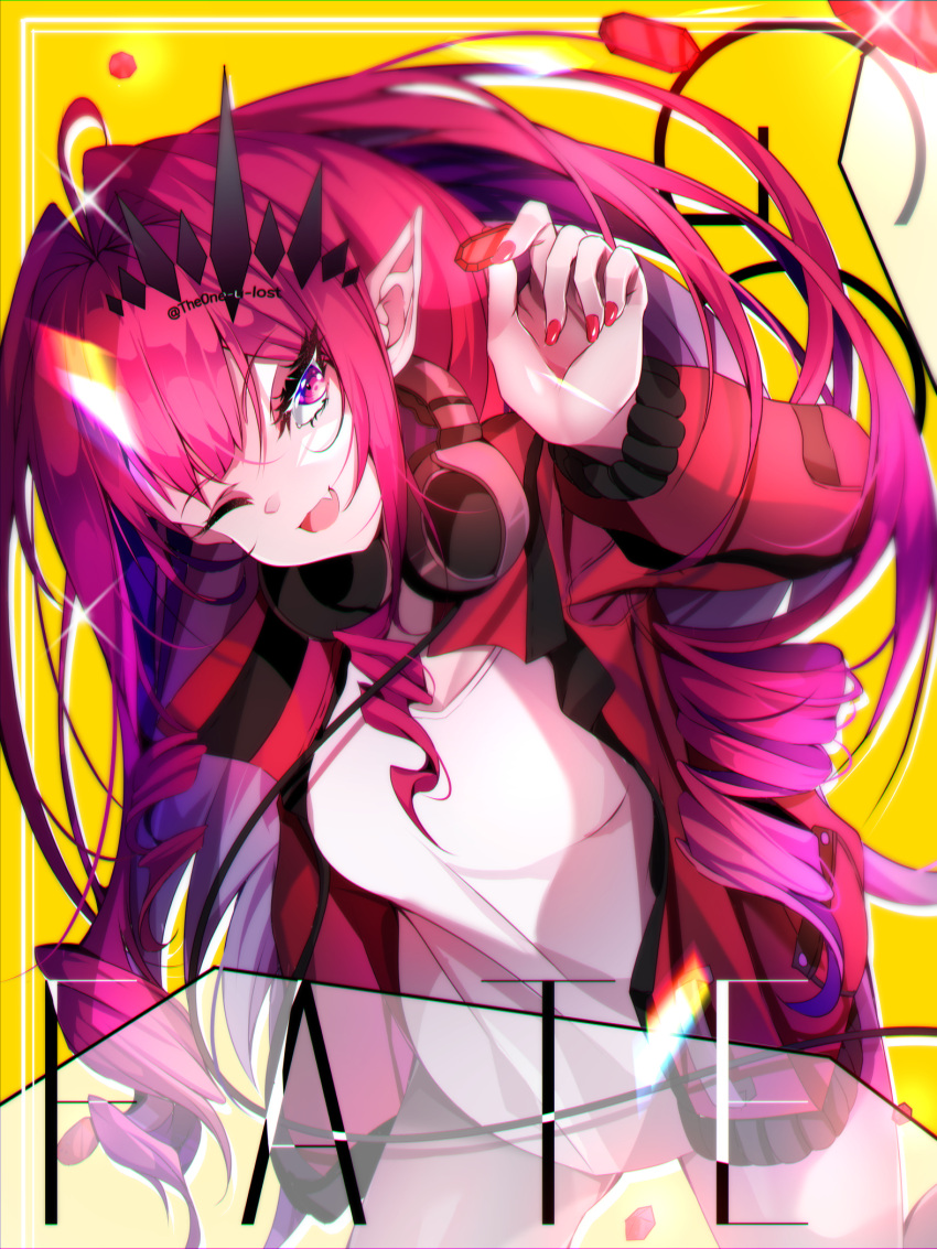 alternate_costume fangs fate/grand_order fate_(series) headphones headphones_around_neck highres jacket pink_eyes pink_hair pointy_ears red_nails the0neulost tristan_(fairy_knight)_(fate) yellow_background