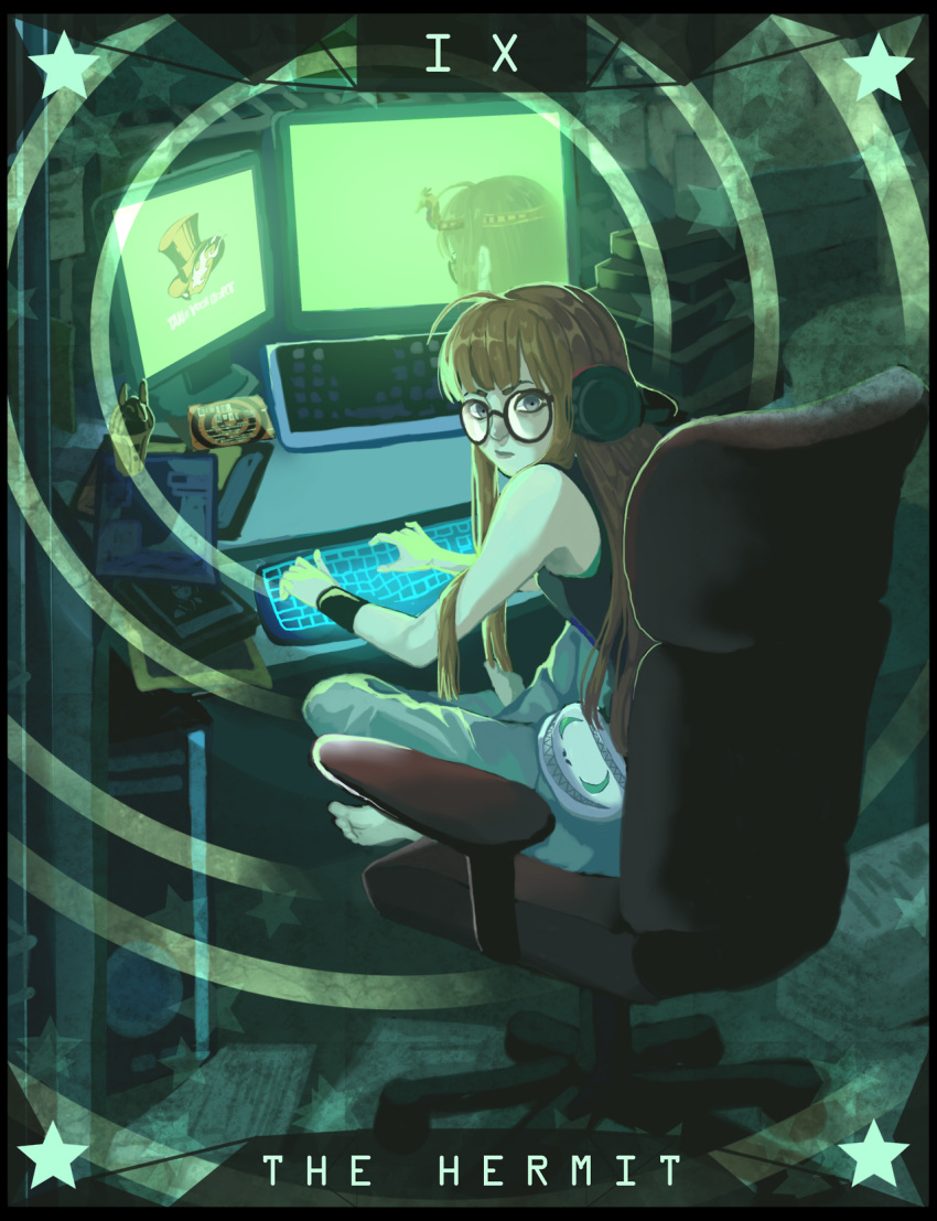 1girl ahoge arms_up bangs bare_shoulders barefoot bedroom behind-the-head_headphones black_tank_top blunt_bangs book calling_card cargo_pants chair computer computer_tower desk fanny_pack glasses glowing grey_legwear headphones highres hime_cut keyboard_(computer) leaning_forward long_hair looking_at_viewer looking_back looking_to_the_side monitor office_chair orange_hair p5arcanazine pants paper persona persona_5 photo_(object) sakura_futaba screen screen_light sitting solo star_(symbol) tank_top tarot tarot_arcana the_hermit_(tarot) thick_eyebrows turning_head v_arms violet_eyes