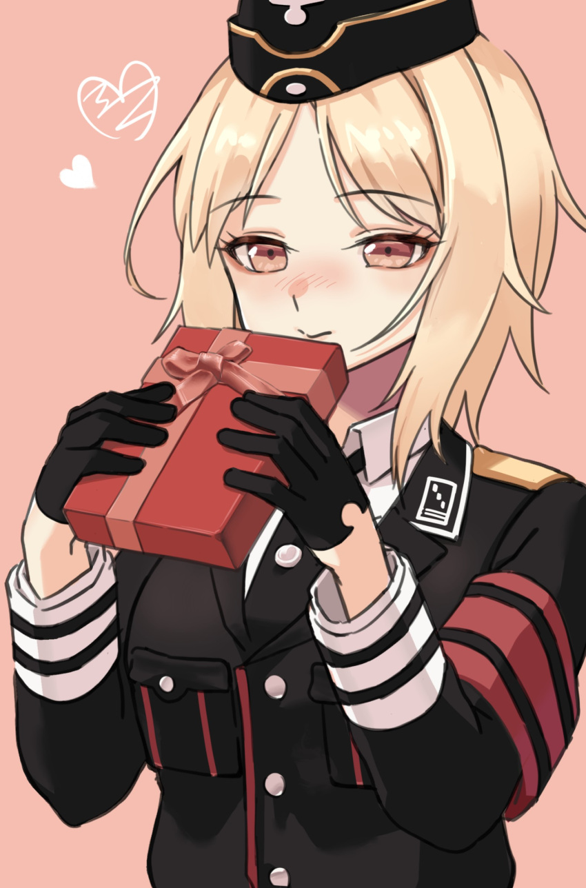 1girl armband black_gloves black_headwear blonde_hair blush box brown_eyes collared_shirt commentary_request eyebrows_visible_through_hair garrison_cap gift gift_box girls_frontline gloves half_gloves hat heart highres holding holding_gift long_sleeves looking_at_viewer military military_hat military_uniform mp40_(girls_frontline) necktie shirt short_hair smile solo toryu_fufu uniform upper_body valentine white_shirt