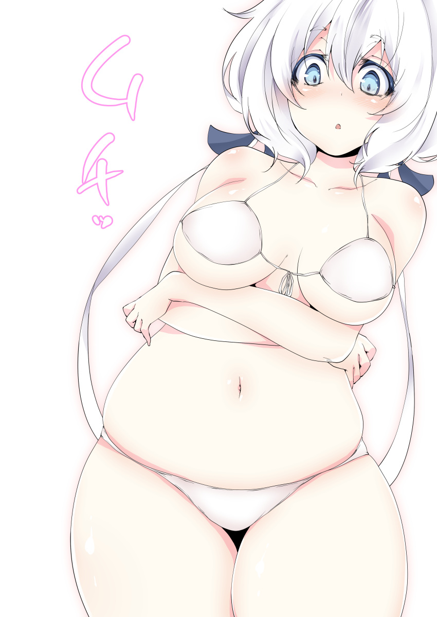1girl absurdres bikini blue_eyes breasts commentary_request curvy hair_ribbon highres konno_junko large_breasts long_hair looking_at_viewer low_twintails ma-yu navel plump ribbon skindentation solo swimsuit twintails white_background white_bikini white_hair zombie_land_saga