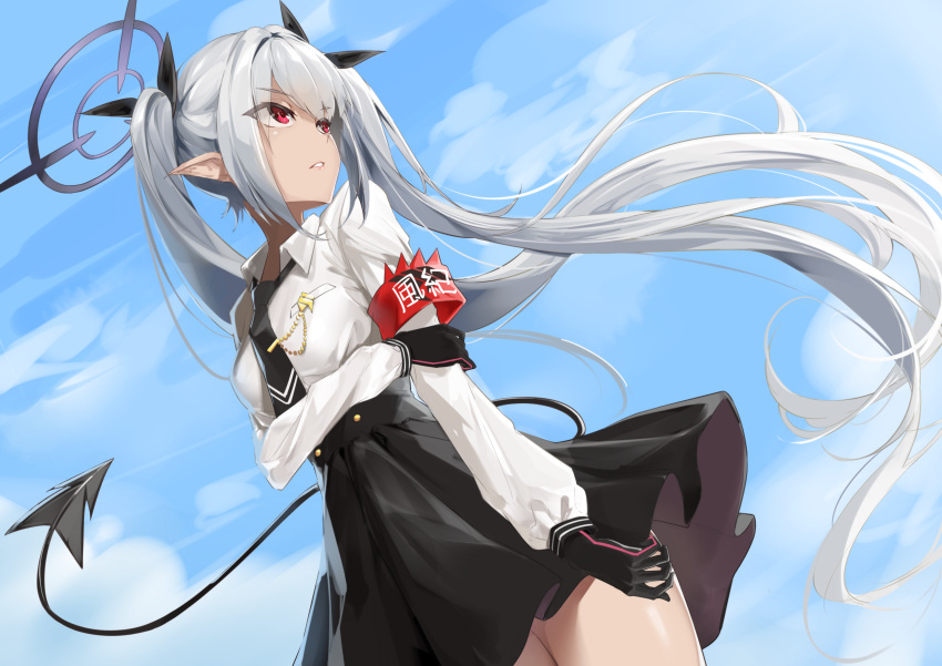 1girl armband bangs bitterpain black_gloves black_neckwear black_ribbon black_skirt blue_archive blue_sky breasts clouds collared_shirt commentary_request day demon_tail eyebrows_visible_through_hair gloves grey_hair hair_ribbon halo highres iori_(blue_archive) long_hair long_sleeves looking_away looking_to_the_side necktie outdoors parted_lips pleated_skirt puffy_long_sleeves puffy_sleeves red_eyes ribbon shirt skirt sky small_breasts solo tail twintails very_long_hair white_shirt