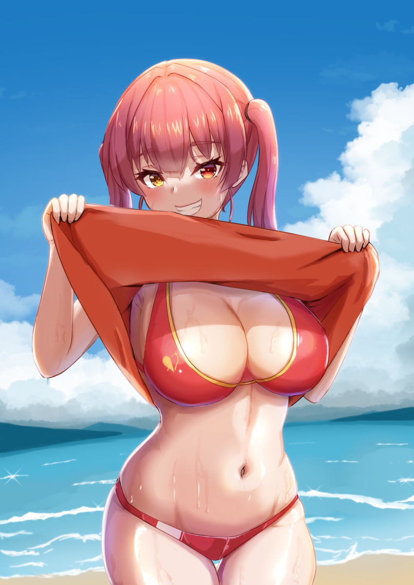 1girl bangs beach bikini blue_sky blush breasts clothes_lift clouds eyebrows_visible_through_hair flashing grin hands_up heterochromia highres hololive houshou_marine iva23_iva23 large_breasts lifted_by_self navel ocean red_bikini red_eyes red_shirt redhead sand shirt shirt_lift sky smile solo swimsuit teeth twintails virtual_youtuber water wet yellow_eyes