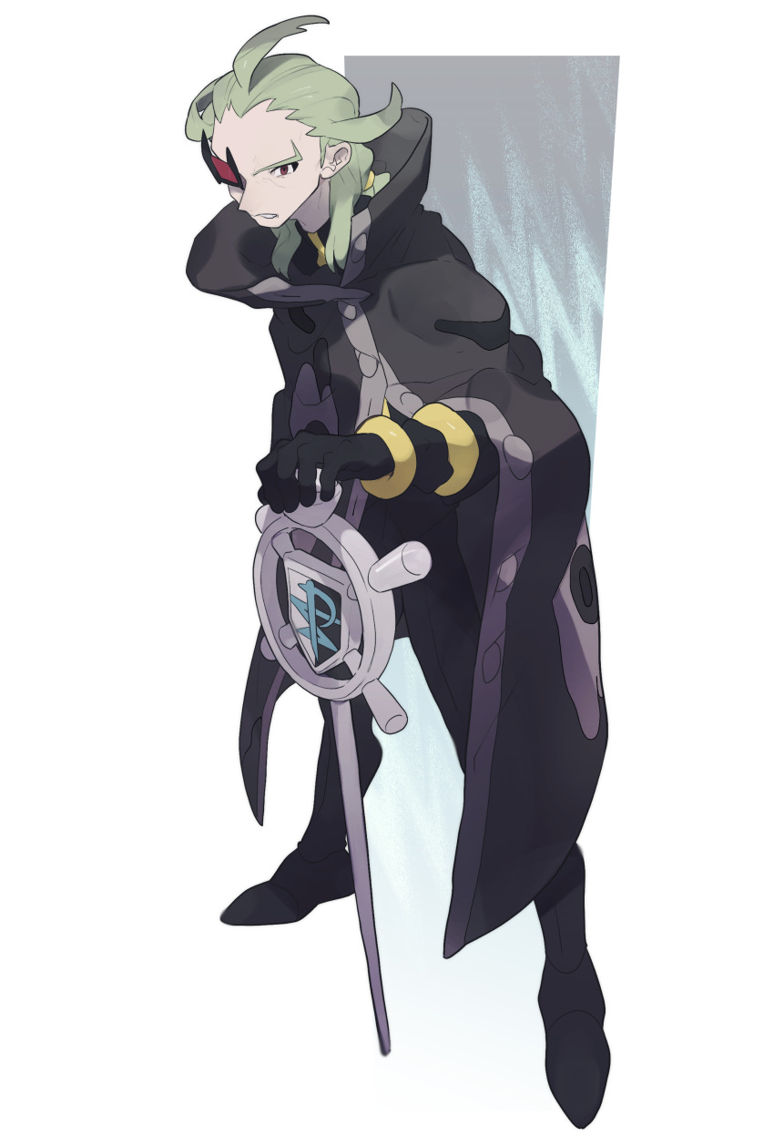1boy absurdres ahoge black_coat black_gloves black_pants buttons cane cloak coat eyepiece full_body ghetsis_harmonia gloves green_hair hand_up highres holding holding_cane long_hair looking_to_the_side male_focus mimura_(nnnnnnnnmoo) pants parted_lips pokemon pokemon_(game) pokemon_bw2 popped_collar red-tinted_eyewear red_eyes solo standing team_plasma white_background