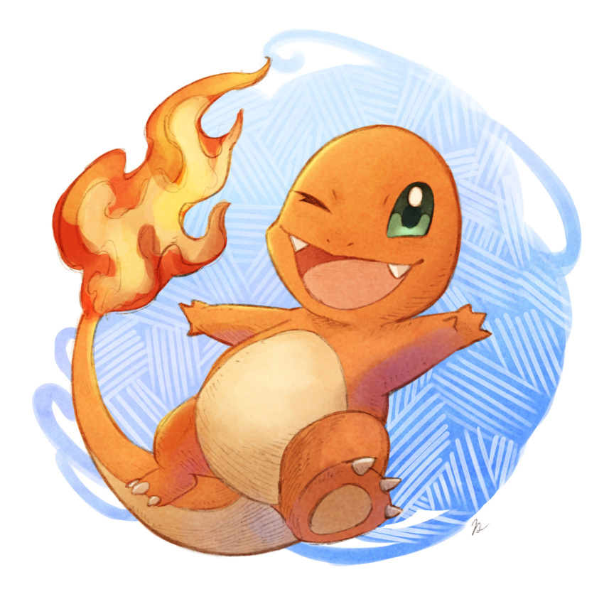 ;d charmander claws commentary_request fangs fire full_body gen_1_pokemon green_eyes hakumai_(hakumai_art) highres no_humans one_eye_closed open_mouth outstretched_arms pokemon pokemon_(creature) smile solo starter_pokemon tongue