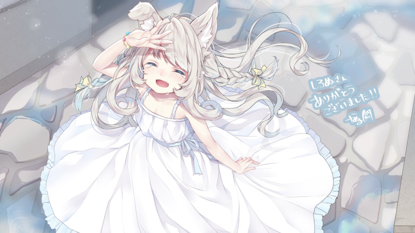 1girl animal_ear_fluff animal_ears blush bow bracelet braid brown_hair closed_eyes cobblestone collarbone commission covering_eyes crying dress fang from_above hair_bow highres jewelry long_hair nachiru open_mouth original solo white_dress yellow_bow