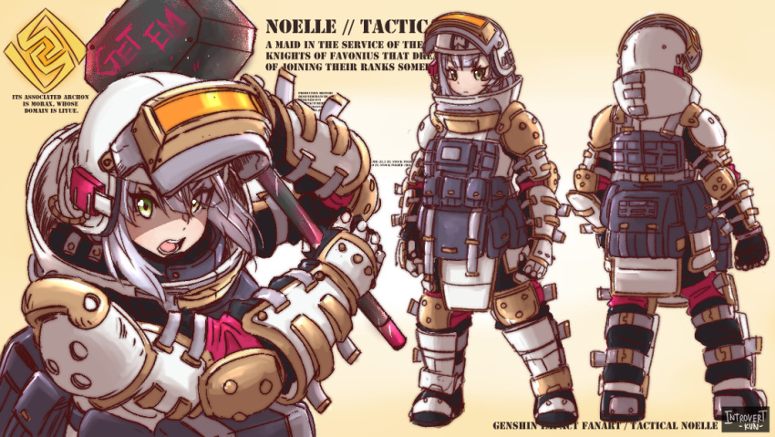 1girl :o armor armored_boots artist_name backpack bag bangs black_jumpsuit boots bulletproof_vest character_name character_sheet commentary copyright_name english_commentary english_text eyebrows_visible_through_hair from_behind full_body gauntlets genshin_impact grey_eyes hammer helmet holding holding_hammer introvert-kun looking_at_viewer noelle_(genshin_impact) pocket short_hair sidelocks solo tactical_clothes v-shaped_eyebrows white_hair