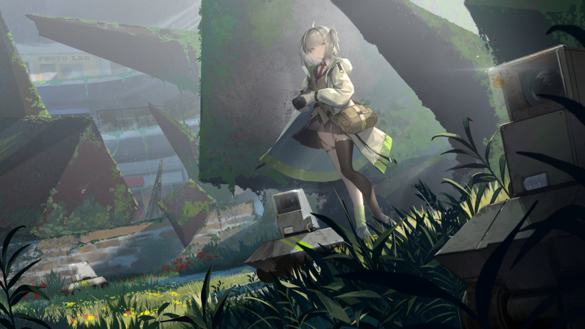 1girl arknights bag bangs black_legwear camera commentary green_legwear hair_ornament highres jacket lens_(arknights) necktie open_clothes open_jacket oripathy_lesion_(arknights) overgrown ren_(gh) scene_(arknights) scenery single_sock single_thighhigh skirt socks thigh-highs yellow_eyes