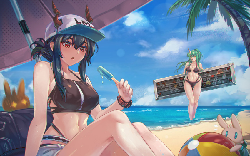 2girls arknights ball bangs bare_arms bare_legs bare_shoulders baseball_cap beach beach_umbrella beachball bikini black_bikini blue_hair blue_sky breasts ch'en_(arknights) clouds commentary day dragon_horns feet_out_of_frame female_tourist_c_(arknights) food green_hair grin hair_between_eyes hat holding holding_food horns horns_through_headwear hoshiguma_(arknights) kaizeru long_hair medium_breasts multiple_girls navel outdoors palm_tree parted_lips popsicle red_eyes sidelocks single_horn sitting sky smile standing stomach swimsuit thighs tree umbrella water white_headwear