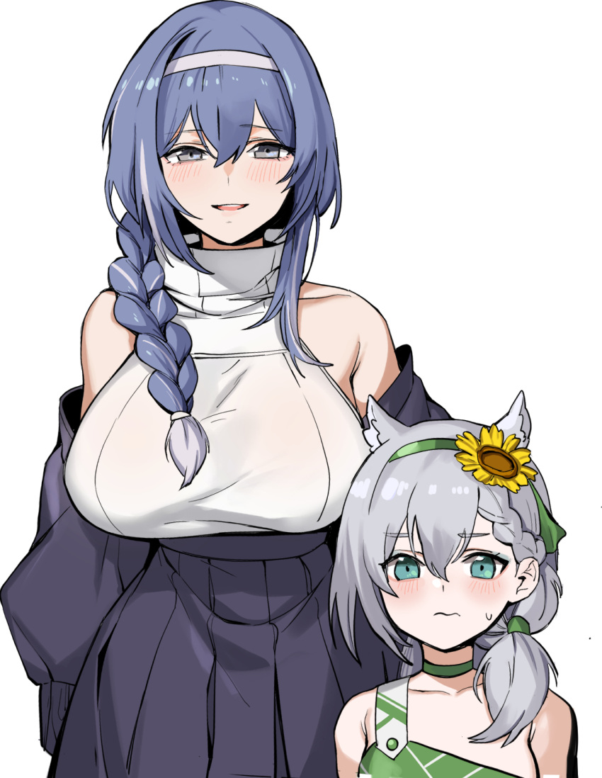 2girls animal_ears aqua_eyes bangs banssee bare_shoulders blue_hair blush braid braided_ponytail breasts choker dp-12_(girls_frontline) eyebrows_visible_through_hair flower french_braid girls_frontline grey_eyes grey_hair hair_between_eyes hair_flower hair_ornament hair_over_shoulder hairband height_difference highres huge_breasts ksvk_(girls_frontline) looking_at_viewer mother_and_daughter multiple_girls off_shoulder official_alternate_costume smile sunflower sweat upper_body wavy_mouth white_background younger