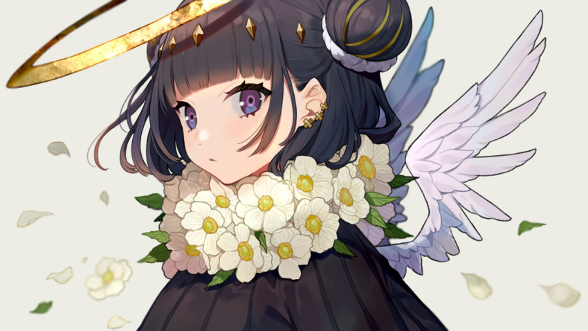 1girl angel angel_wings bangs black_hair closed_mouth commentary_request double_bun earrings feathered_wings flower flower_earrings grey_background halo jewelry looking_at_viewer official_art original petals simple_background solo upper_body violet_eyes white_flower white_wings wings yuu_(higashi_no_penguin)