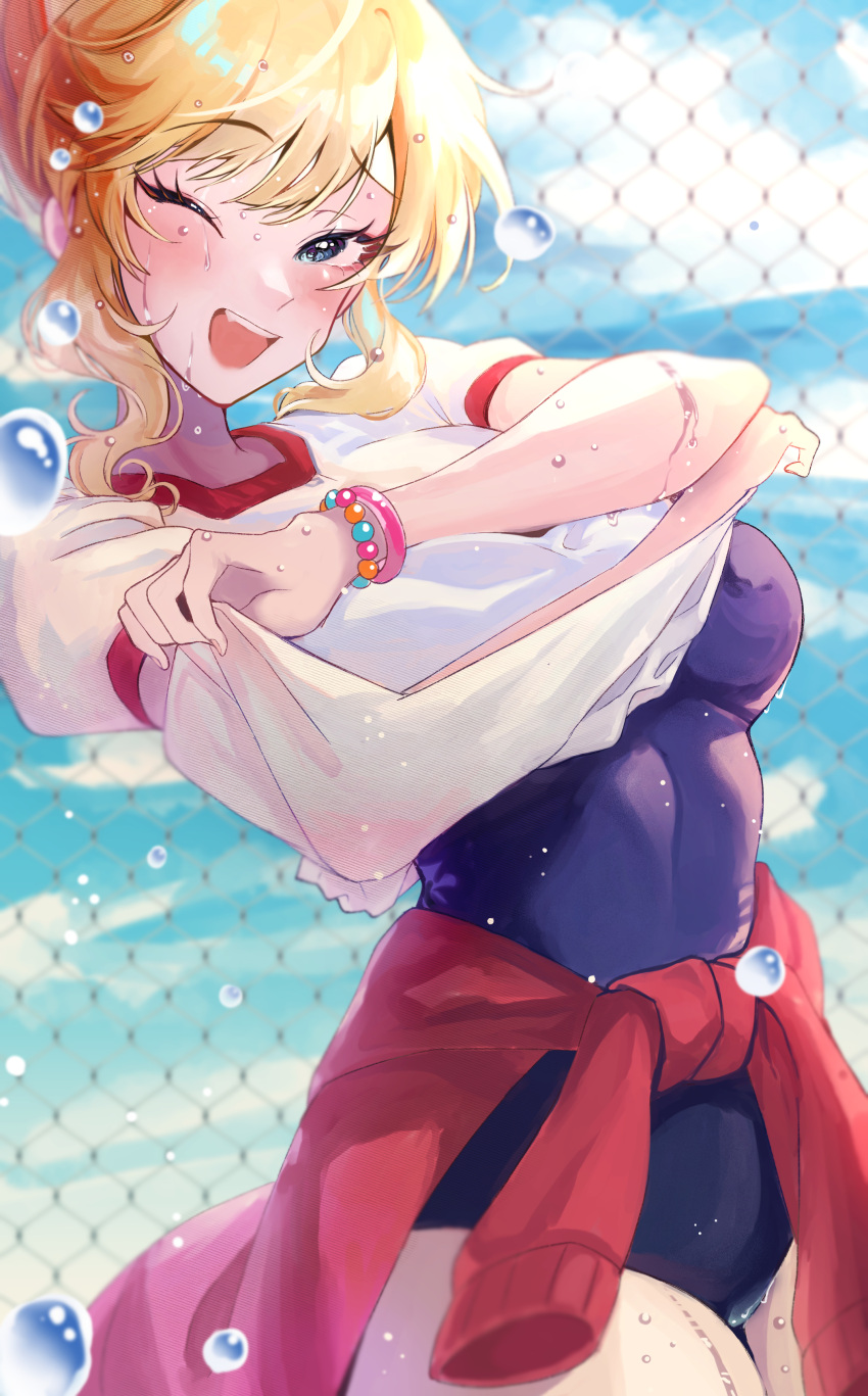 absurdres blonde_hair blue_eyes blush breasts clothes_around_waist clothes_lift cowboy_shot eyebrows_visible_through_hair fence fujima_(k114) hair_up highres idolmaster idolmaster_cinderella_girls looking_at_viewer medium_breasts ohtsuki_yui one-piece_swimsuit one_eye_closed open_mouth school_swimsuit shirt shirt_lift sidelocks sky smile sweater sweater_around_waist swimsuit swimsuit_under_clothes thigh_gap tsurime undressing water_drop white_shirt wrist_bobbles wristband