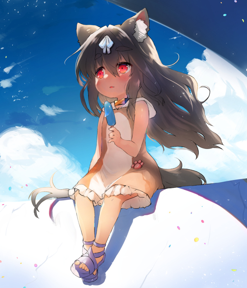 1girl animal_ear_fluff animal_ears brown_dress brown_hair child clouds collar dog_ears dog_girl dog_tail dress eyebrows_visible_through_hair fang food hair_intakes highres kannagi_cocoa long_hair original outdoors popsicle red_eyes ribbon sandals short_dress sky sleeveless sleeveless_dress solo tail toba_hiyoko two-tone_dress white_dress