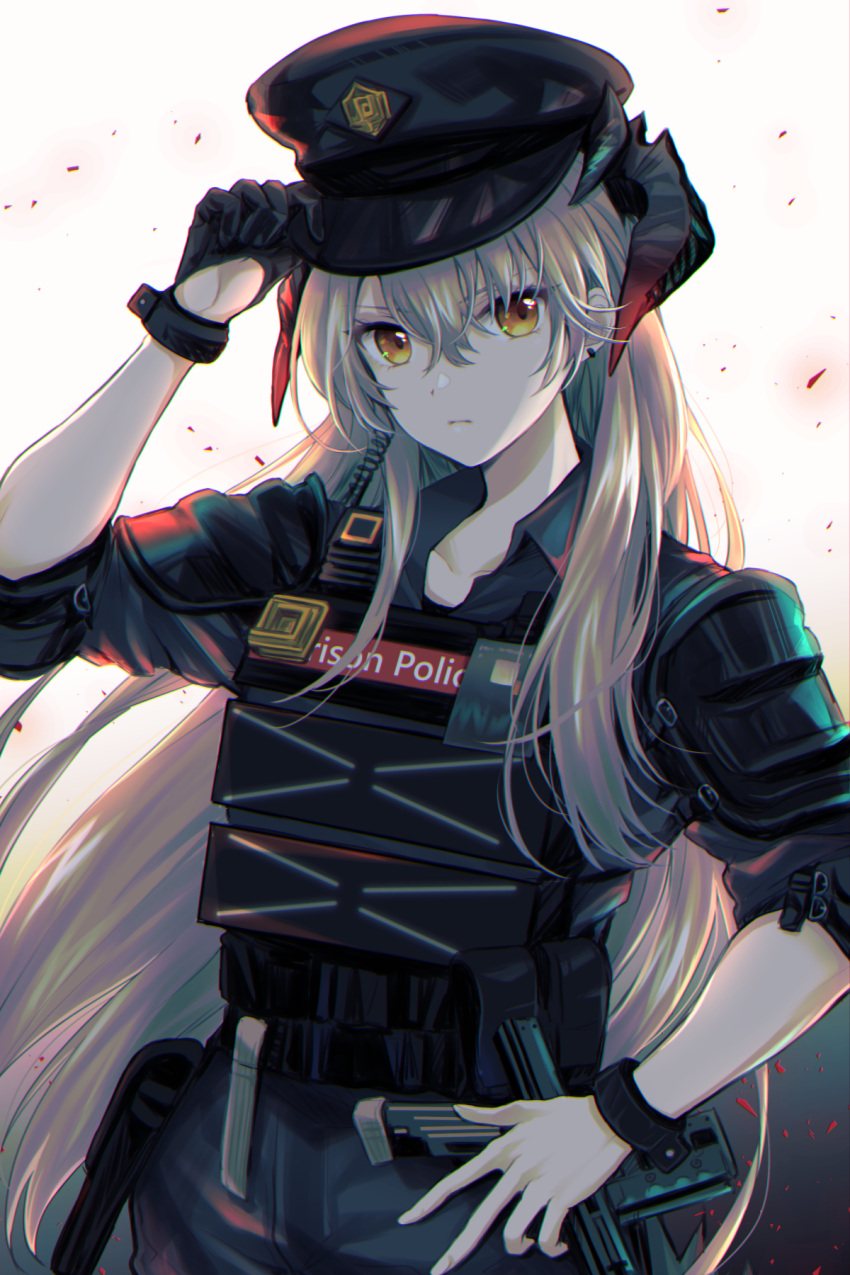 1girl adjusting_clothes adjusting_headwear arknights black_gloves black_headwear black_pants black_shirt chiwa_(chiwawanwan1206) closed_mouth collarbone collared_shirt commentary_request cuffs dragon_horns earrings eyebrows_visible_through_hair gloves grey_hair hand_on_hip hat highres horns id_card jewelry looking_at_viewer official_alternate_costume orange_eyes pants partial_commentary plate_carrier police police_hat police_uniform saria_(arknights) saria_(the_law)_(arknights) shirt shoulder_pads single_glove sleeves_folded_up solo stud_earrings uniform upper_body walkie-talkie white_background