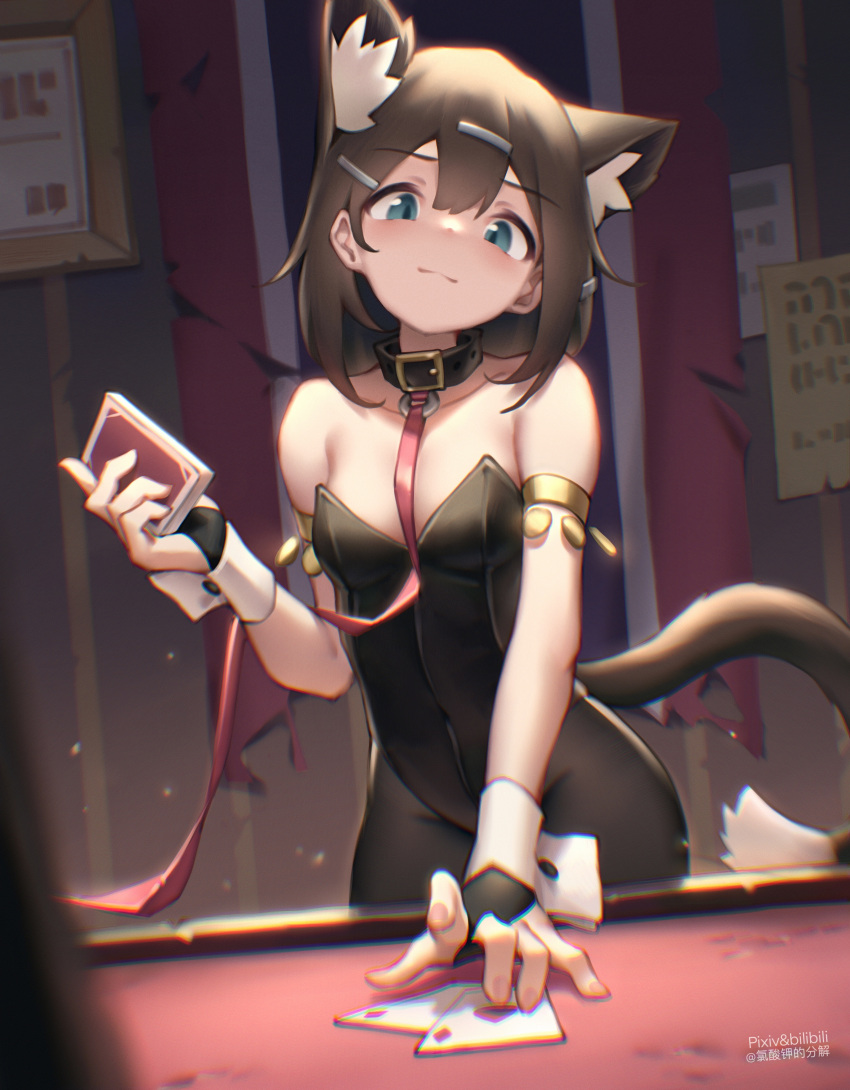 1girl absurdres animal_ear_fluff animal_ears arm_strap artist_name bilibili_xiaolu black_collar black_gloves black_hair black_legwear black_leotard blue_eyes breasts card cat_ears cat_girl cat_tail chinese_commentary collar extra_ears fingerless_gloves gloves highres holding holding_card indoors leotard original pantyhose short_hair small_breasts solo table tail viewer_holding_leash