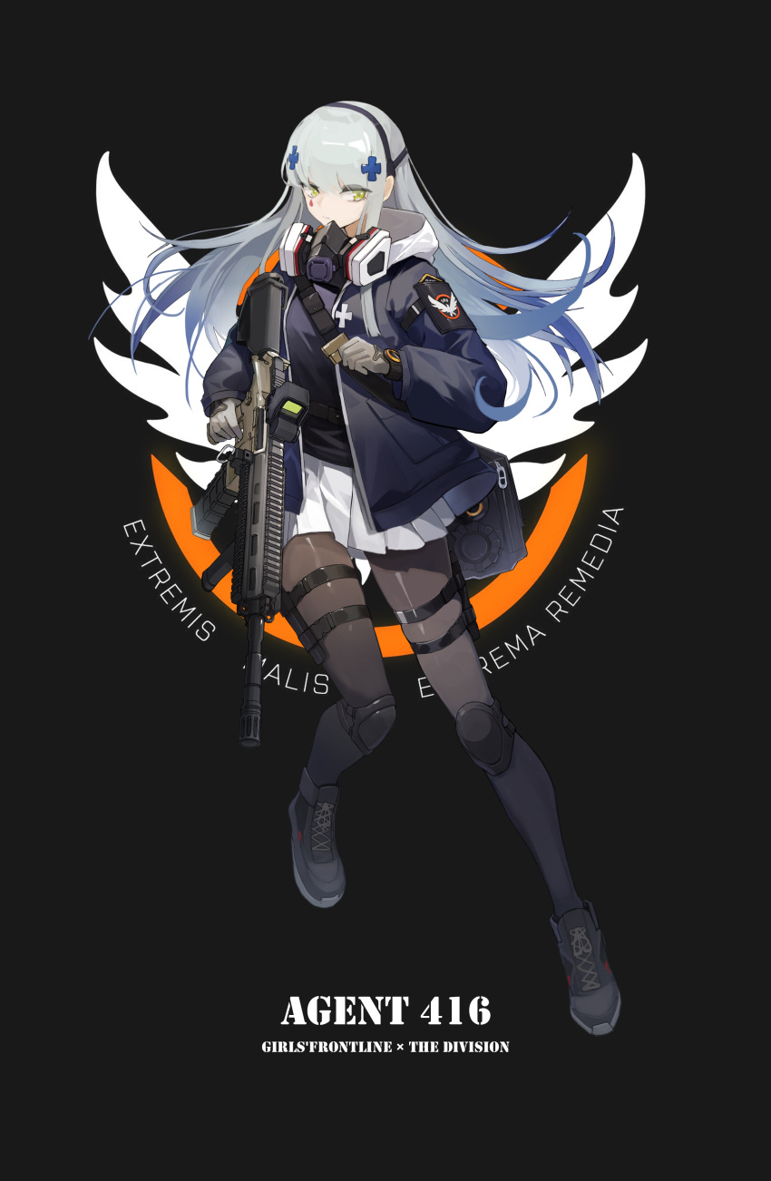 1girl absurdres agent_416_(girls_frontline) assault_rifle bangs commentary_request facial_mark full_body girls_frontline gloves green_eyes gun h&amp;k_hk416 hair_ornament highres hk416_(girls_frontline) holding holding_gun holding_weapon jacket knee_pads latin_text long_hair long_sleeves mask mask_around_neck official_alternate_costume open_clothes open_jacket optical_sight p416 pantyhose pleated_skirt respirator rifle shoes silver_hair skirt solo tom_clancy's_the_division umi_okami_kun vertical_foregrip weapon white_skirt