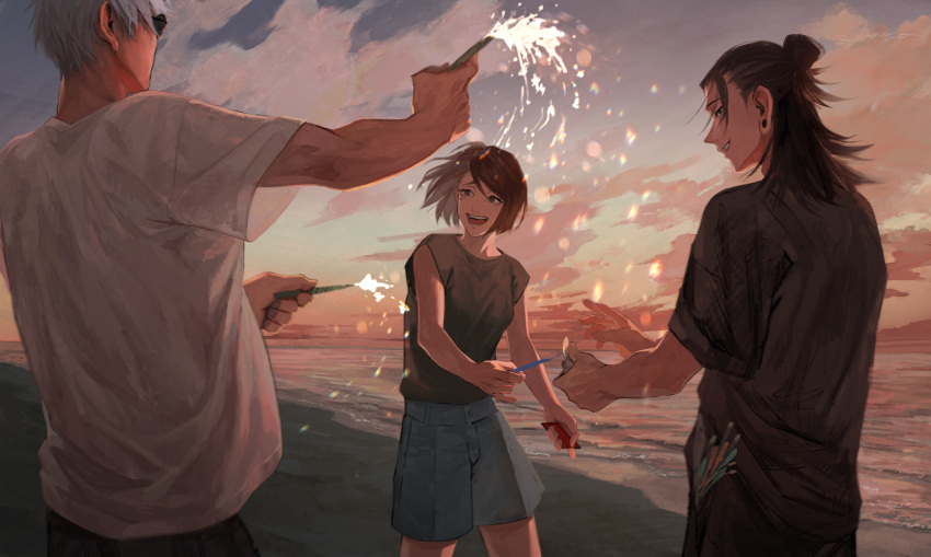 :d absurdres arm_up bangs beach black_eyes black_hair black_pants black_shirt blue_shorts brown_hair cowboy_shot ear_piercing facing_away fireworks getou_suguru gojou_satoru hair_bun hair_pulled_back highres holding_lighter ieiri_shoko jujutsu_kaisen looking_at_another mole mole_under_eye open_mouth outdoors pants parted_lips piercing profile r3511 round_eyewear shirt short_hair short_sleeves shorts smile sparkler standing sunglasses swept_bangs twilight white_hair white_shirt