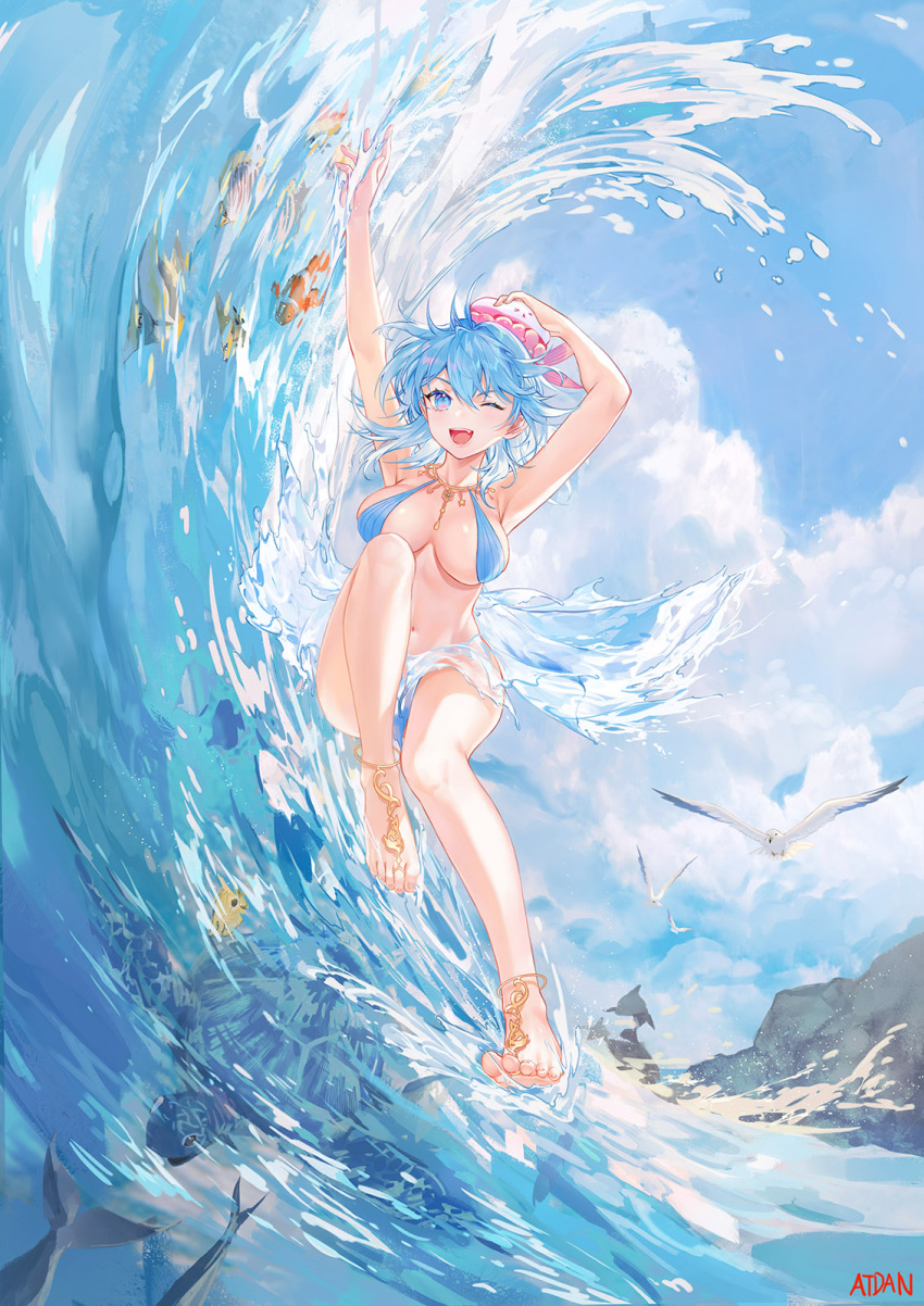 1girl atdan blue_eyes blue_hair blue_sky haiyi highres short_hair sky smile solo synthesizer_v water