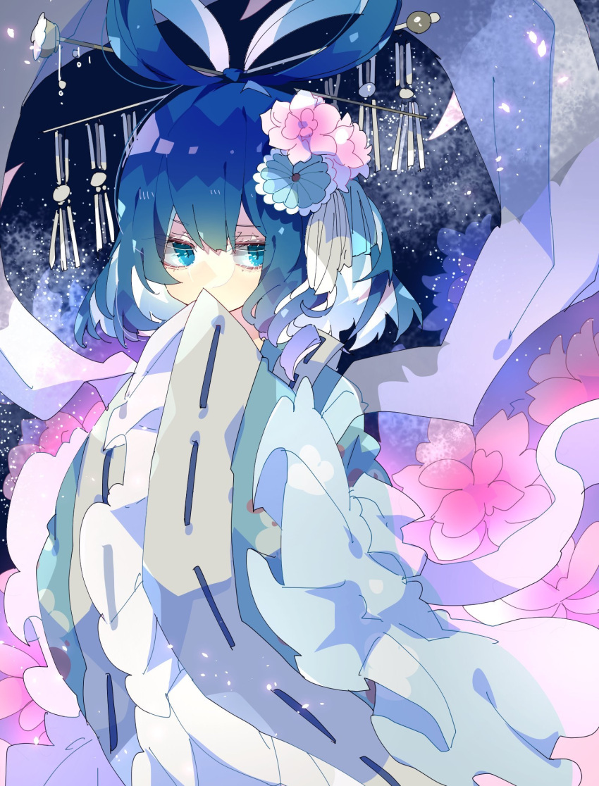 1girl adapted_costume bangs blue_eyes blue_flower blue_hair blue_kimono covering_mouth eyebrows_behind_hair flower flower_request hagoromo hair_flower hair_ornament hair_rings hair_stick hands_up highres japanese_clothes kaku_seiga kimono looking_to_the_side nikorashi-ka pink_flower ribbon-trimmed_sleeves ribbon_trim shawl short_hair solo touhou upper_body wide_sleeves