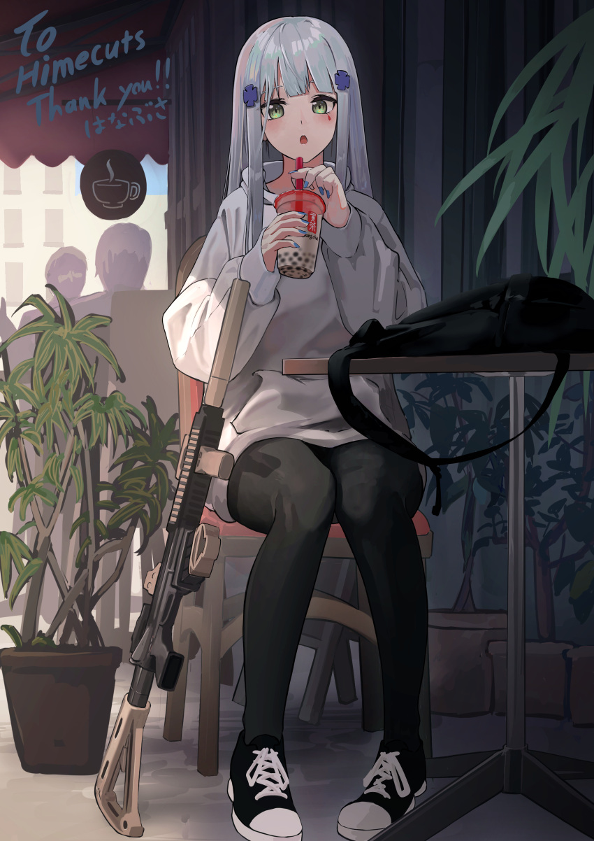 1girl absurdres alternate_costume assault_rifle backpack backpack_removed bag bangs black_legwear blue_nails bubble_tea cafe casual commentary_request commission facial_hair full_body girls_frontline green_eyes gun h&amp;k_hk416 hair_ornament hanabusaraleigh highres hk416_(girls_frontline) hood hood_down hoodie long_hair long_sleeves looking_at_viewer nail_polish on_chair open_mouth outdoors plant potted_plant rifle shoes sitting skeb_commission sneakers straight_hair suppressor table thank_you vertical_foregrip weapon white_hoodie